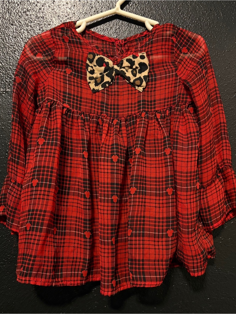Minnie Red Plaid Long-Sleeve Girls Top with Leopard Bow 2T